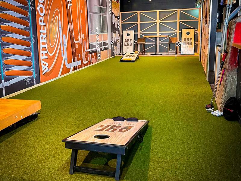 Cornhole boards on the turf in Downtown Kitchener
